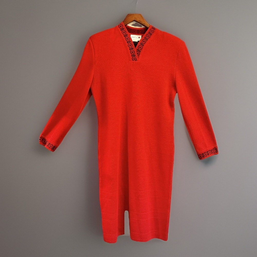 Vintage Caroll 1980's‎ 1990's Red Sweater Midi Wool Blend Dress Long Sleeve